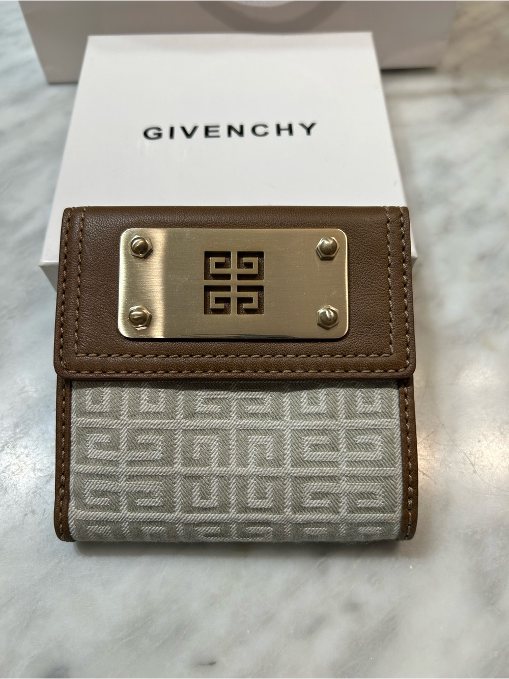 Givenchy Brown & Beige Logo Compact Wallet with Gold Plaque